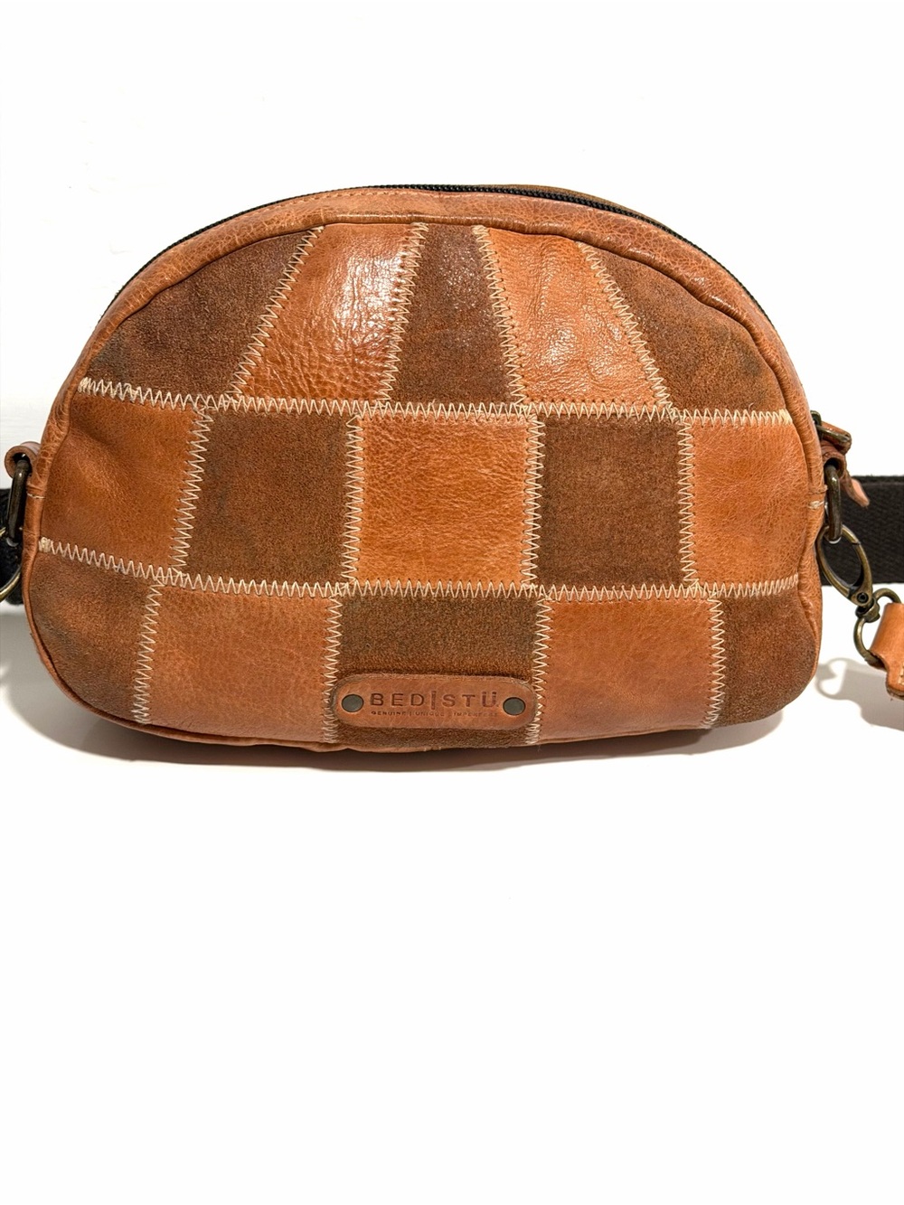 Bed Stu Abundance Patchwork Leather Sling Belt Bag Brown Crossbody Waist Pack - Picture 11 of 16
